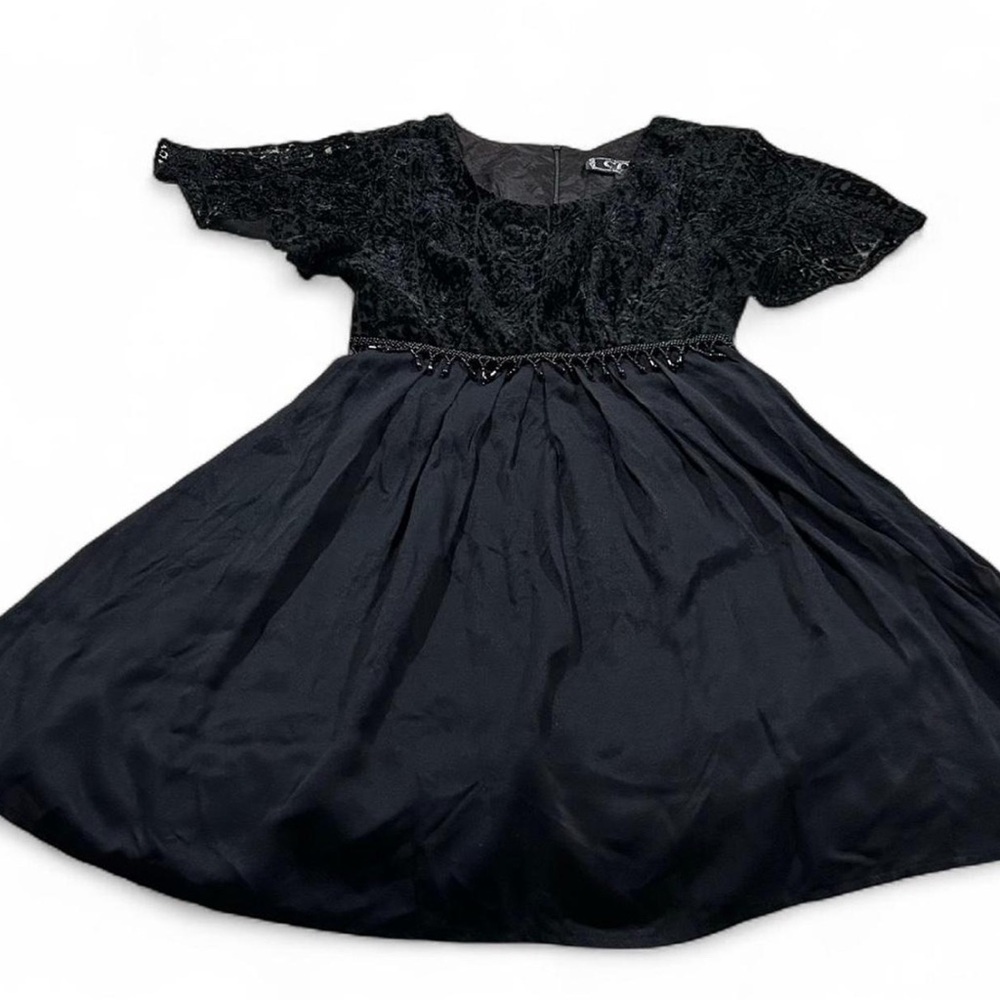 Vintage CDC Evening Elegant Black Velvet Lace Formal Dress Beaded Detail